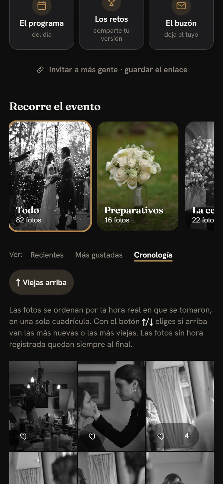 La rejilla de fotos de la boda ordenada por la hora en que se tomaron, con los corazones de me gusta encima de cada una