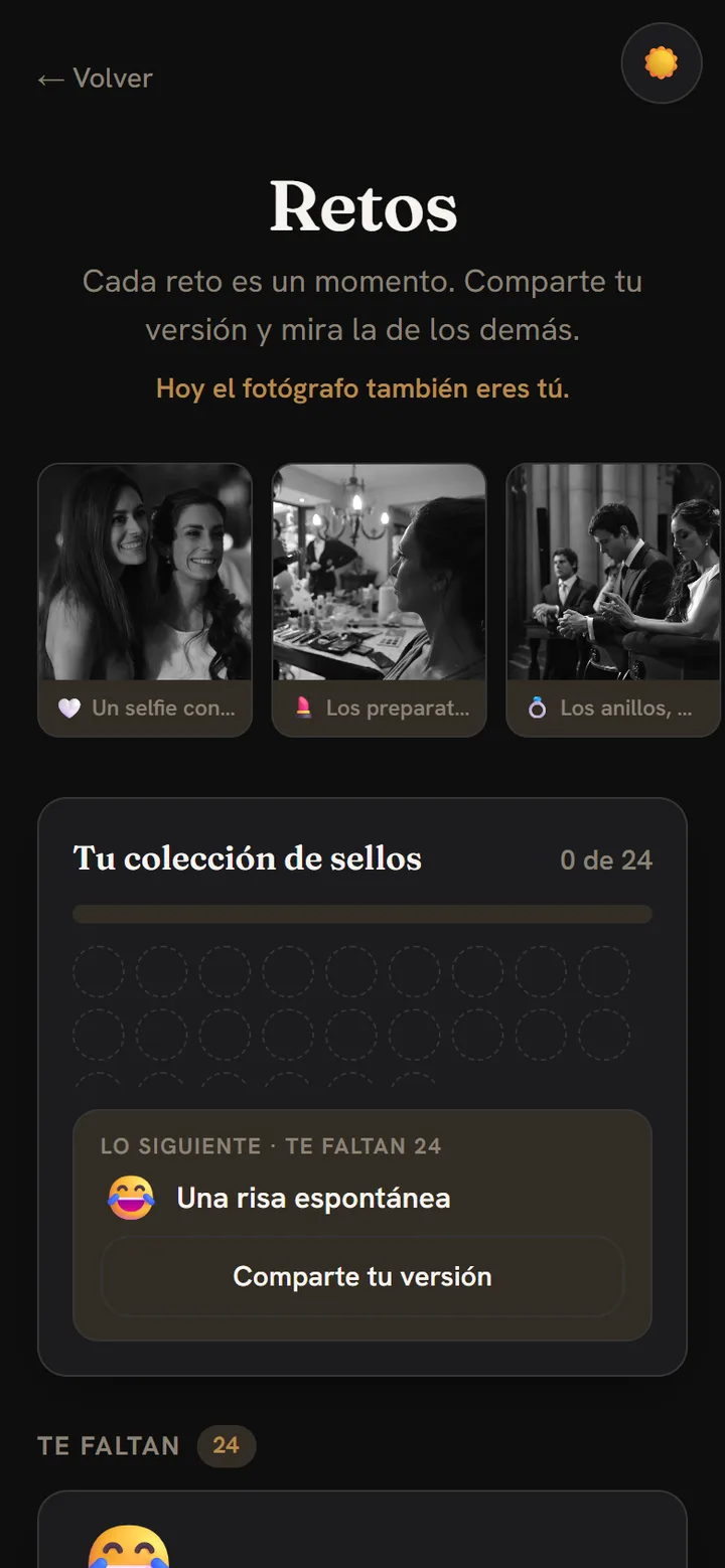 La pantalla de retos: las fotos que ya cumplieron un reto y la coleccion de sellos por completar