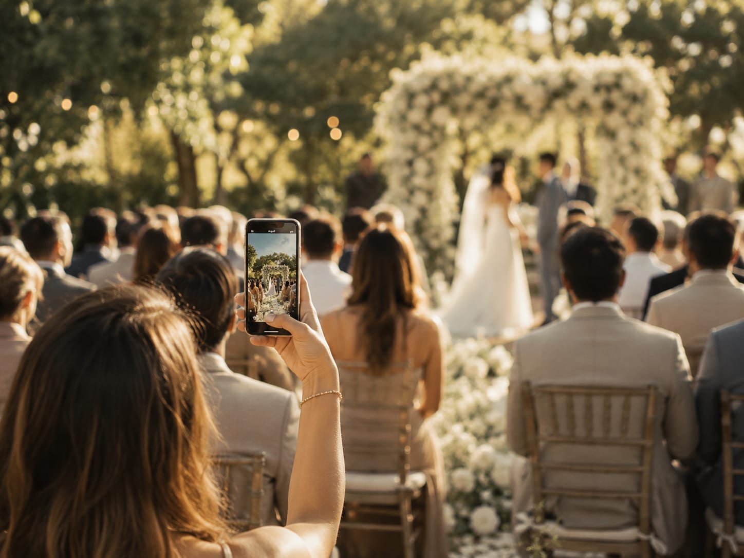 Una invitada alza su teléfono para capturar a los novios durante la ceremonia, a la luz dorada del atardecer